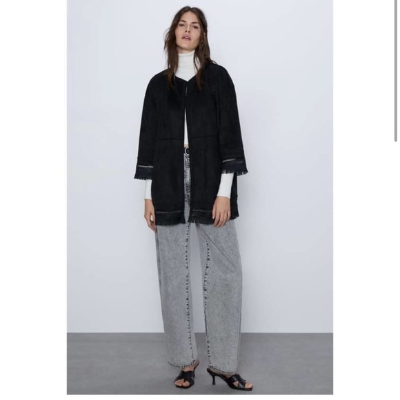 ZARA Faux Suede Fringed Trim Boho Jacket in Black Medium Women’s Festival - Picture 5 of 15